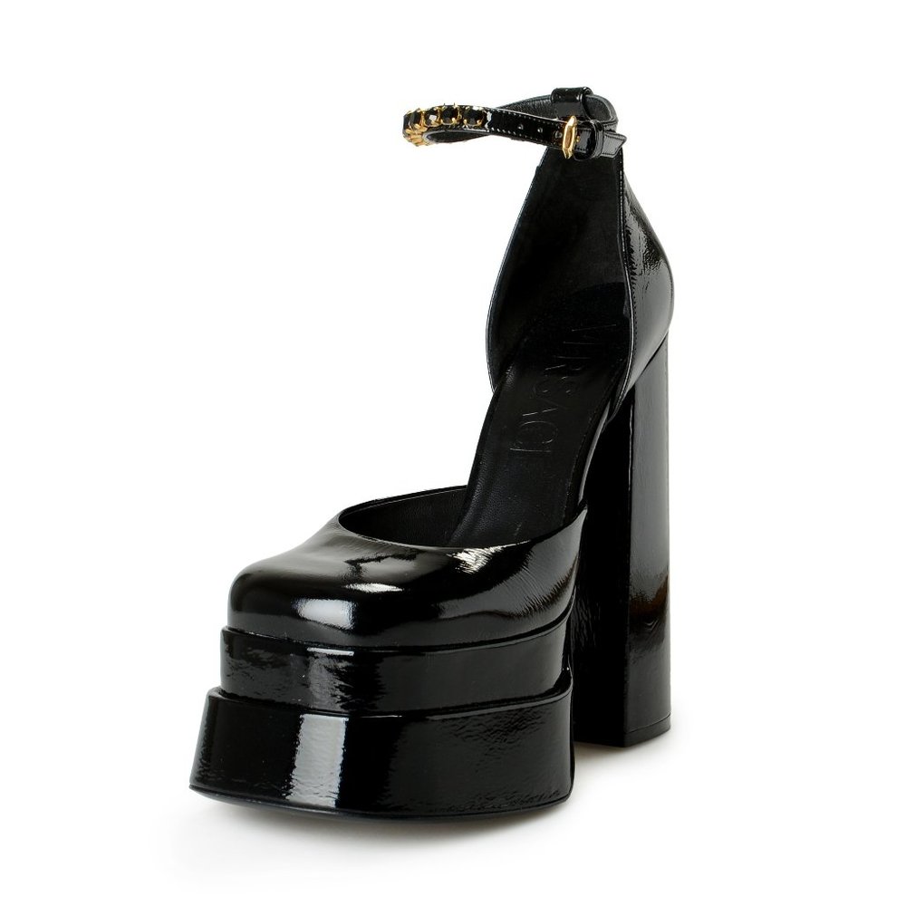 Versace Women's Medusa Aevitas Black Leather Ankle Strap High Heel Pumps Shoes